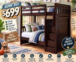 Dark Wood Bunk Bed with Storage Stairs