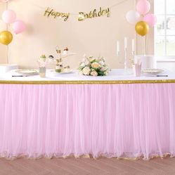 8x6ft Fabric Pink Rose Gold Happy Birthday Backdrop + 6ft Pink Tulle Table Sort Tutu
