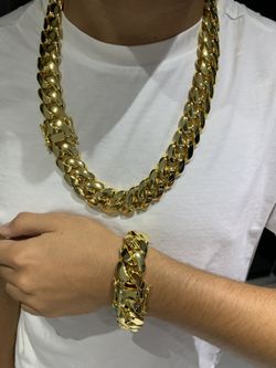 18k Gold Plated Cuban Chain And Bracelet Set