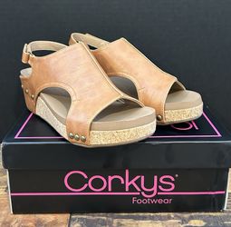 Corkys Women's Volta II Wedge Sandal Cognac Smooth Size 9 - New with Box