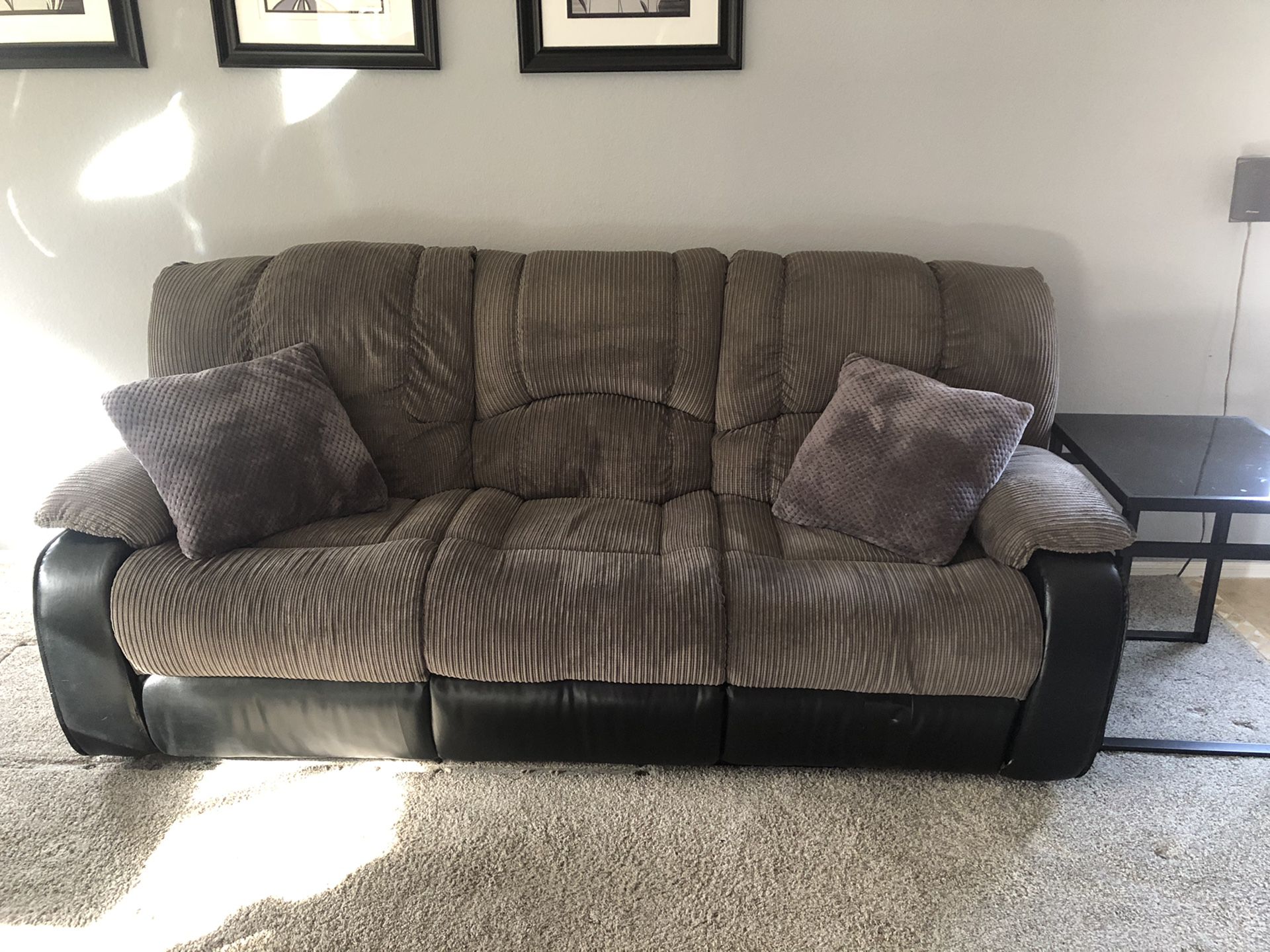 Reclining couch, love seat, end tables, coffee table, and tv stand