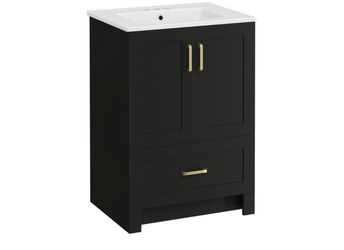 24in Bathroom Vanity with Sink and Drawer, Black Shaker Cabinet MDF Cabinet with Ceramic Sink Top, Soft-Close Doors and Bottom Drawer for Storage, Fit