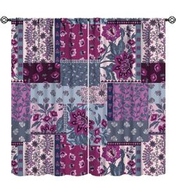 Patchwork Flower Purple Curtains Spring Colorful Wildflower Retro Boho Rustic Farmhouse Art Print for Kitchen Bedroom Living Room Blackout Rod Pocket 