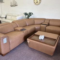Furniture- 100% Real Top Grain Leather 6 Pc Sectional With 2 Power Recliners-Lovro