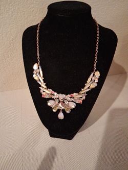 Betsy Johnson Silver Mirrored Opal Pink Two Tone Chrystal Heart Necklace Rare.