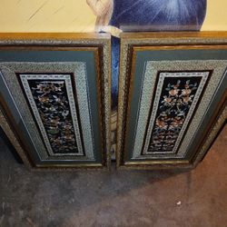 2 Beautiful Handmade Oriental  Textile Bats Pictured Under Glass