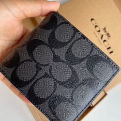Men Short Bifold Wallet, Black Grey Signature Monogram Print PVC Leather Card Holder Cash Purse