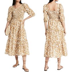 Moon River Floral Smocked Midi Dress Puff Sleeve