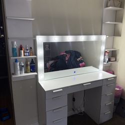 White Led Vanity With Side Shelves