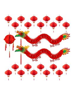 23Pcs Chinese Decorations for Party with 2 3D Dragons & 20 Red Lanterns Fuller layered red display for birthdays, Lunar New Year, Asian theme parties,