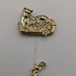 Vintage CAT & MOUSE Flower Box Stick Pin Gold Tone 3 1/4"
