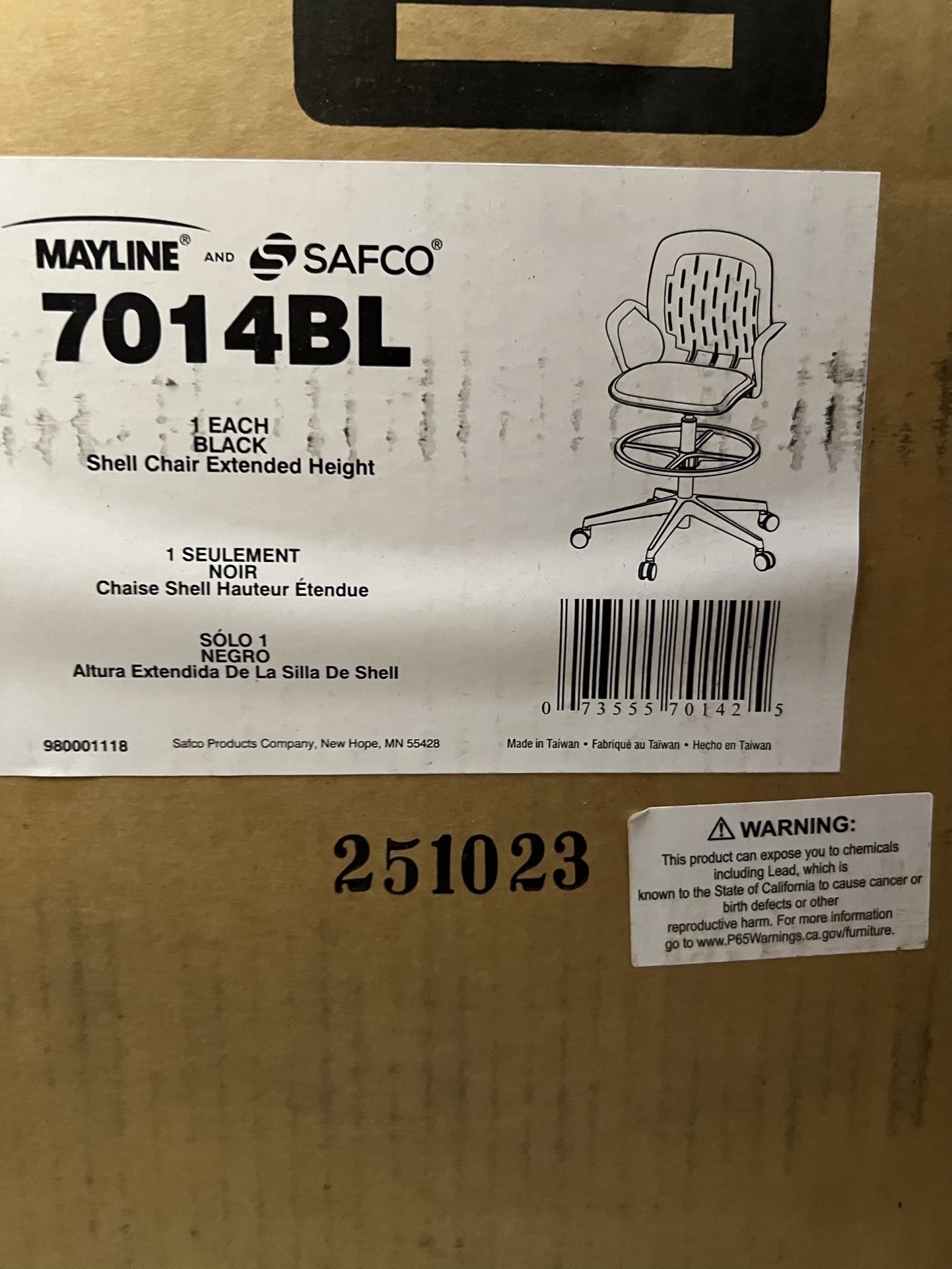 Brand new Safco / Mayline 7014BL Extended Height Shell Chair in Black. Still sealed in the original box — never opened or assembled.
