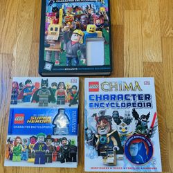 3 Kids Lego Hardcover Books, DC Super Heroes , Roblox , and Chima Character Encyclopedias 