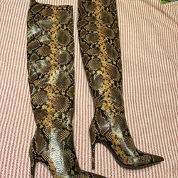 WOMENS STILETTO HEEL BOOTS LADIES SEXY YELLOW  SNAKE PRINT POINTED TOE SIZE 9.5