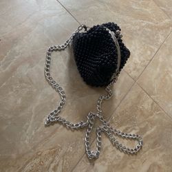 Black beaded purse with silver chain strap
