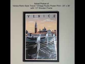 Poster Venice Italy Retro Style Travel / Vintage Rustic Poster Print (24”x36”) with Wooden Frame (26”x38”)