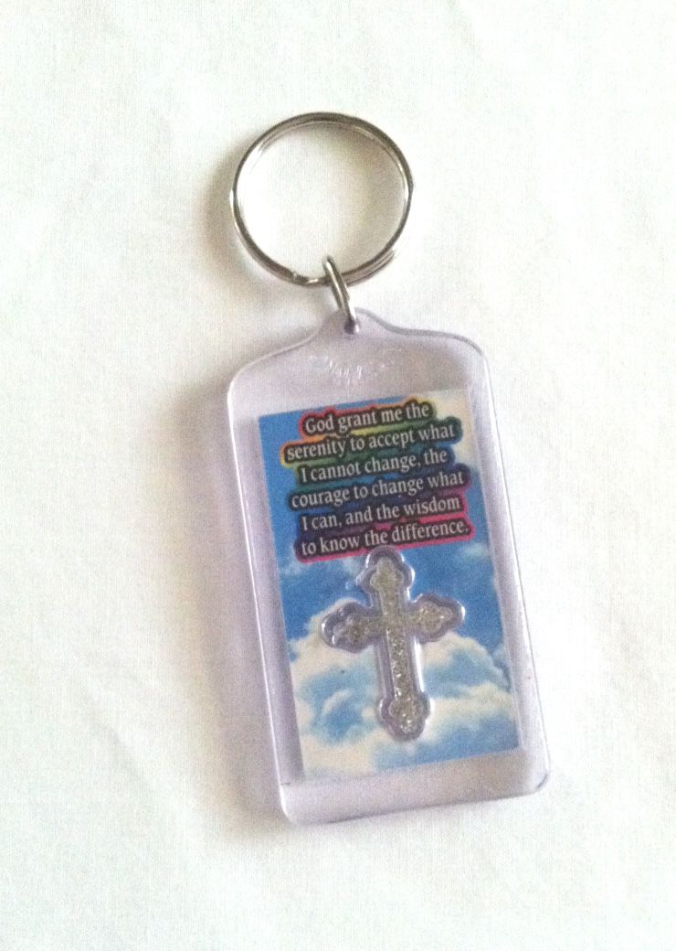 Serenity Prayer key ring plastic with rainbow background and silver cross