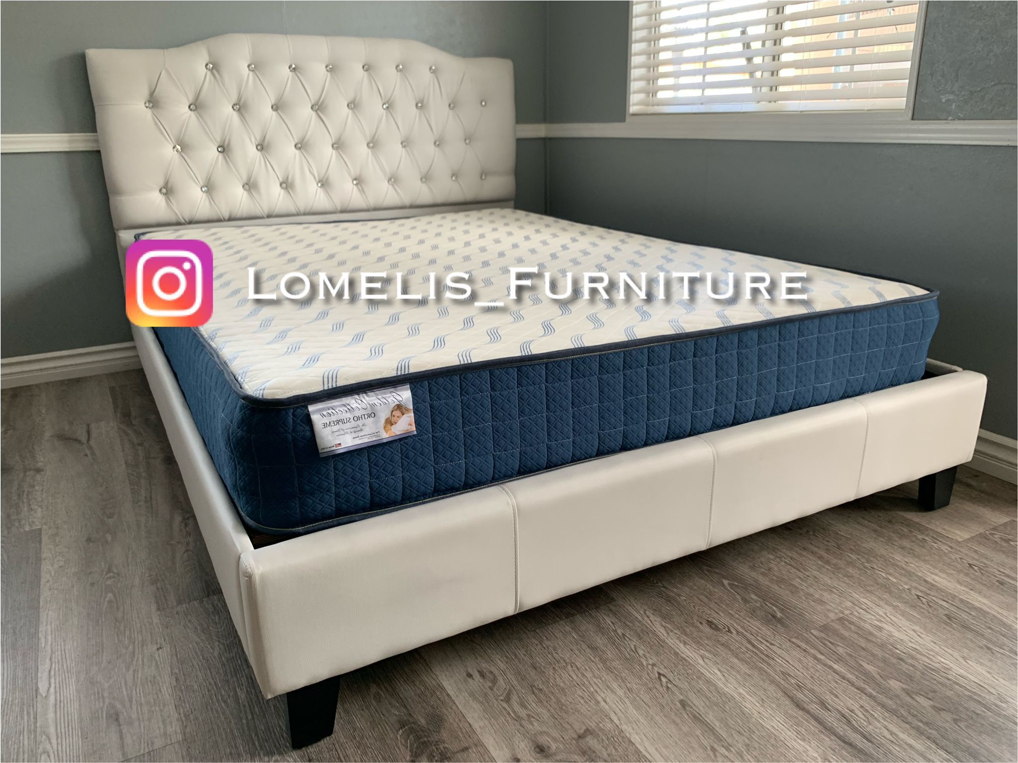 Full White Crystal Button Tufted Bed w. Orthopedic Mattresss Included 