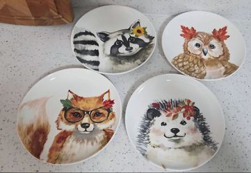 4x Robert Stanley Siganture Collection Fall Ceramic Plates Hedgehog Racoon Fox Owl 8.5" Salad Plates Set, Thanksgiving, Autumn Collection
