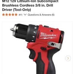 Milwaukee M12 12V Lithium-Ion Subcompact Brushless Cordless 3/8 in. Drill Driver (Tool-Only)