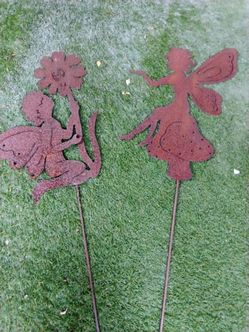 2 Rustic Metal Fairy garden stakes