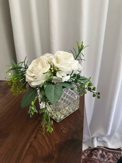 White Faux Rose Arrangement in Textured Glass Vase