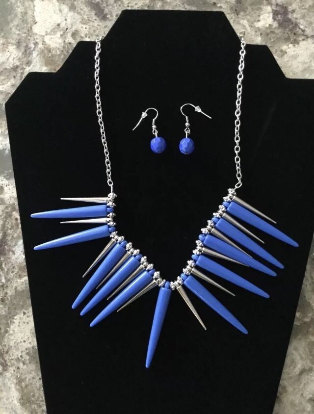 Blue and Silver Spike Necklace and Matching Pierced Dangle Earrings Set