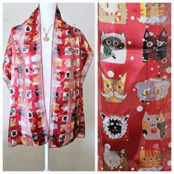 58"×13" Animated Santa Cats and Dogs Silk Feel 100% Polyester Unisex Scarf Neck Wrap Covered in Kitties Puppies in Holiday Attire. Red Faintly Striped