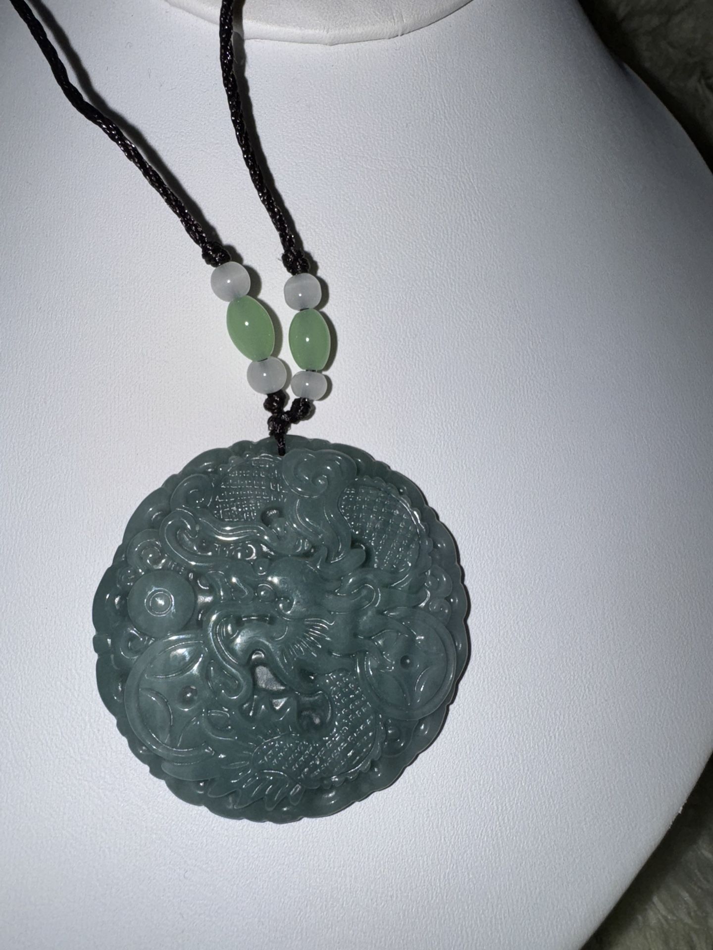 New Stunning Carved Jade Pendant on Black Rope 24"