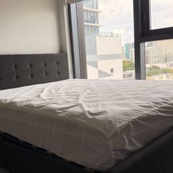 Queen sized bed with frame and has drawers under bed 