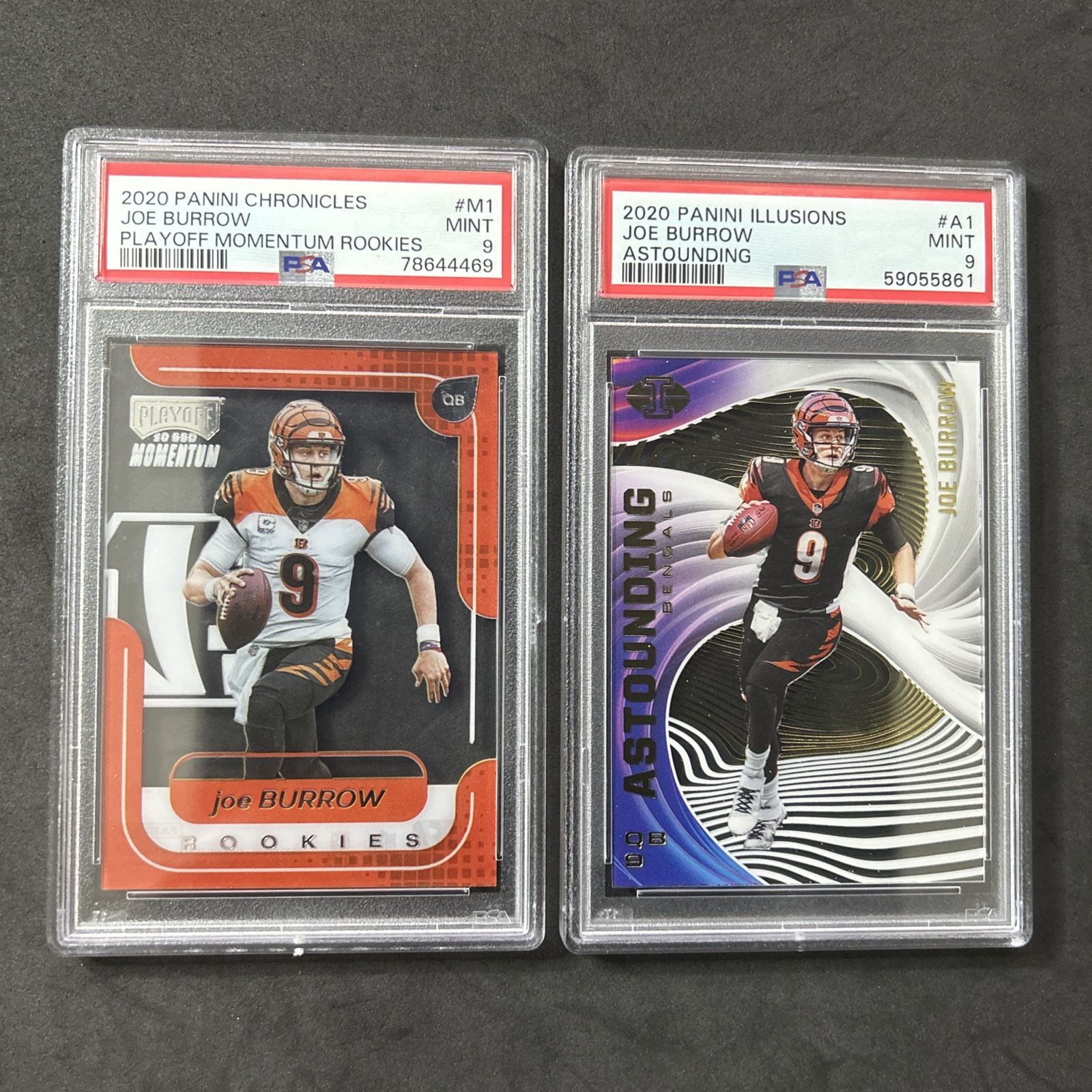 Joe Burrow Rookie PSA 9 Lot (2) 2020 Panini Momentum Illusions NFL RC Bengals