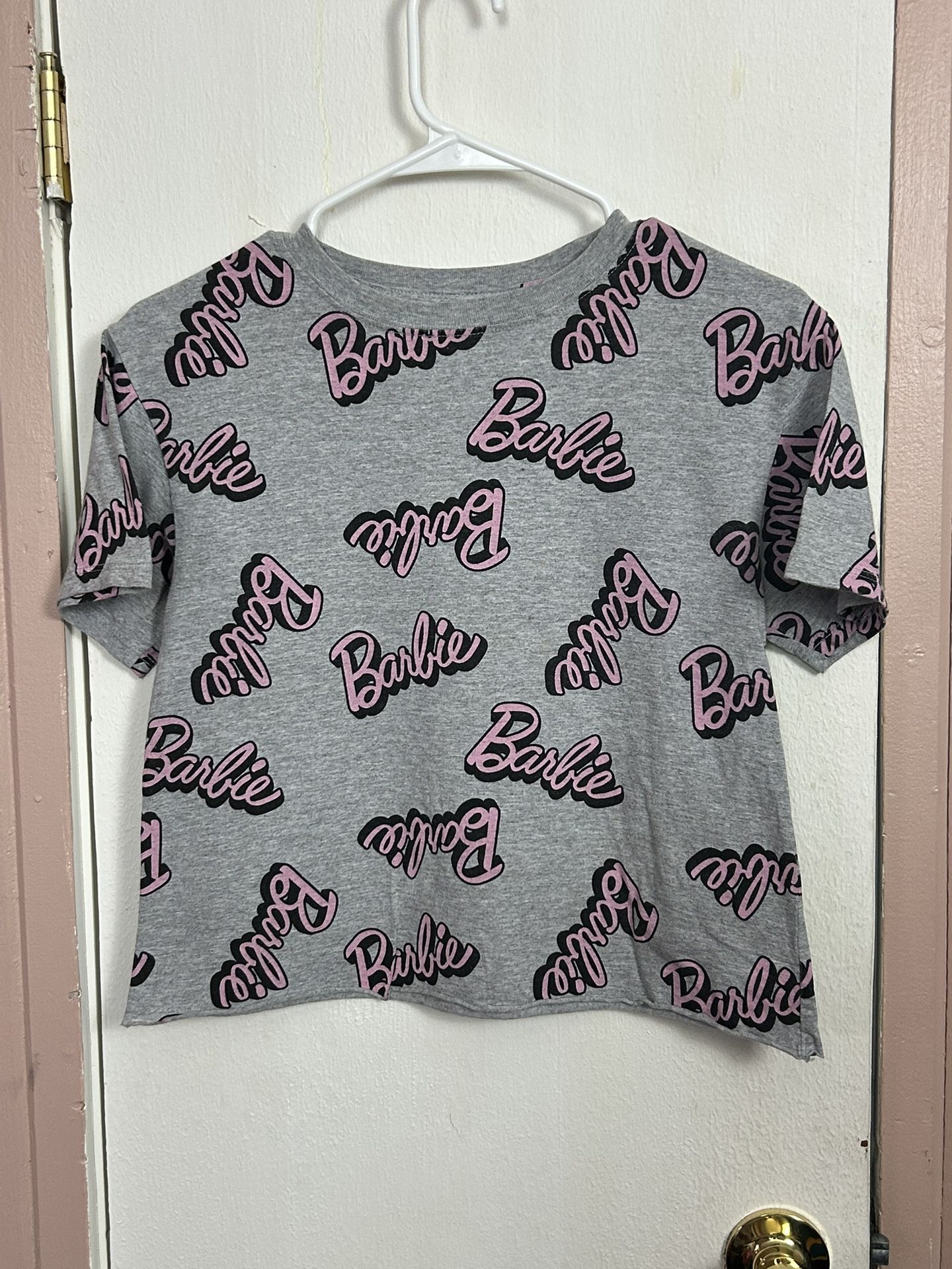 Hybrid Apparel Barbie Cropped Gray Logo All Over Graphic Tee 2023 Women’s XS