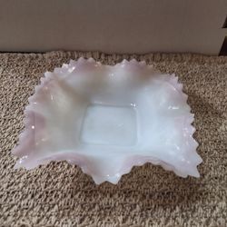 FENTON WHITE MILK GLASS RUFFLED EDGE SQUARE DRESSER BOWL