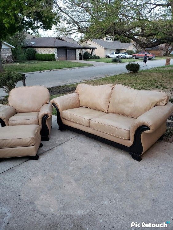 Flexsteel Couch w/ Chair & Ottoman Beige Leather Lifetime Structural Warranty