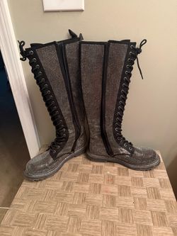 Rhinestone Knee-High Lace-Up Combat Boots