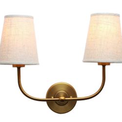 Double Sconce Antique 2-Lights with Flared Funnel Linen Beige Fabric Shade
