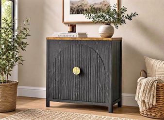 Modern Black Fluted Accent Cabinet with Gold Hardware & Wood Top