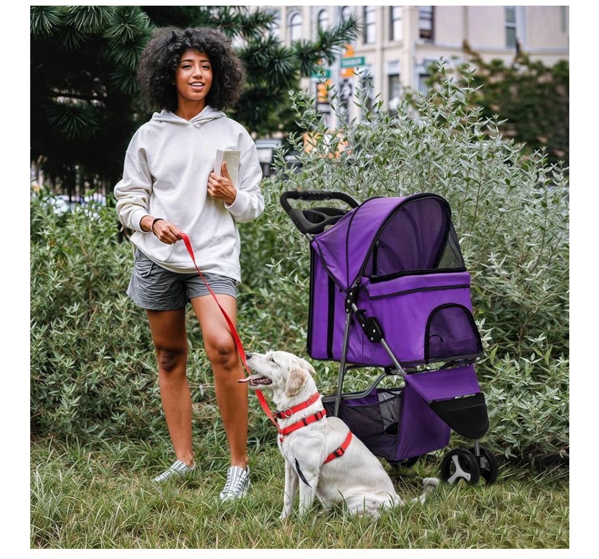 3 Wheels Pet Dog Cat Stroller for Small Medium Dogs Cats, Lightweight Foldable Jogger Stroller w/Storage Basket and Cup Holder, Purple