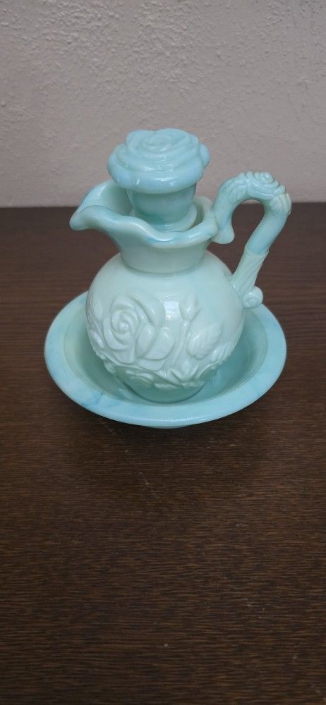 Vintage Avon Turquoise Green Milk Glass Pitcher and Bowl 