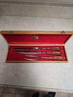 VINTAGE FASHION MANOR 3 PCE STAINLESS CARVING SET CUTLERY IN ORIGINAL WOOD BOX