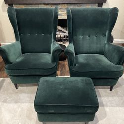 Set of the 2 IKEA Strandmon Arm Chairs Velvet Green + 1 Ottoman 