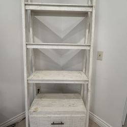 Rustic White Farmhouse Ladder Bookshelf with Drawer –