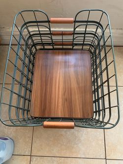 Green Wire Storage Basket with Wood Bottom