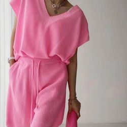 Thin Jersey Two Piece Set In Pink And Light Brown 