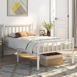 Metal Twin Size Platform Bed Frame with Spindle Headboard and Footboard, Antique Gold
