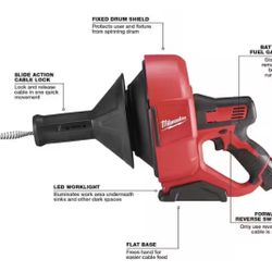 Milwaukee M12 12-V Lithium-lon Cordless Drain Snake Auger W/ (1) 1.5Ah Battery, 5/16 in. x 25 ft. Cable, Charger, & 5 Gal. Bucket