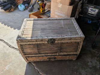 Chinoiserie-style bamboo and woven rattan storage chest with a lower drawer