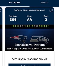 Seahawks vs Patriots Sep 9, 2026 Super Bowl rematch $425