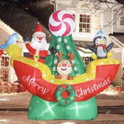 6 FT Christmas Inflatable Decorations, Outdoor Christmas Blow Up Yard Decorations Inflatable Santa Claus Reindeer and Penguin on Boat Built-in LED Lig
