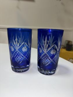 Set of 2 Cobalt Blue Cut-to-Clear Glass Tumblers